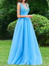 A Line V Neck Blue Tulle Sleeveless Appliques Prom Dress LBQ2452