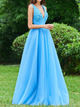 A Line V Neck Blue Tulle Sleeveless Appliques Prom Dress