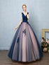 V Neck Sleeveless Ball Gown Appliques Tulle Prom Dresses LBQ3214