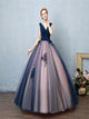 V Neck Sleeveless Ball Gown Appliques Tulle Prom Dresses