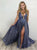 A Line V Neck Sparkling Satin Prom Dresses