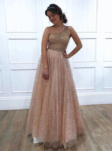 A Line One Shoulder Sequins Tulle Prom Dresses