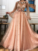 A line Long Sleeves Scoop Beadings Floral Prom Dresses
