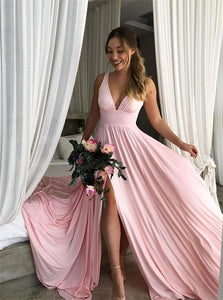 Pink V Neck Chiffon Pleats Prom Dresses with Slit
