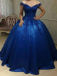 Royal Blue Off Shoulder Appliques Long Ball Gown Prom Dresses