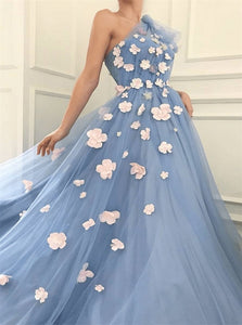 A Line One Shoulder Blue Tulle 3D Flowers Prom Dresses