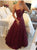 A Line V Neck Burgundy Open Back Lace Prom Dresses