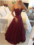A Line V Neck Burgundy Open Back Lace Prom Dress with Beading LBQ2252