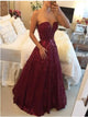 A Line V Neck Burgundy Open Back Lace Prom Dresses