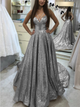 Silver A Line Sequins Criss Cross Halter Prom Dresses
