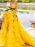 Yellow Tulle A Line V Neck Sleeveless Backless Tulle Ruffles Prom Dresses LBQ2745