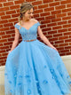 A Line Blue Tulle Off Shoulder Appliques Prom Dresses