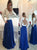A Line V Neck Blue Ivory Long Sleeves Appliques Chiffon Prom Dresses