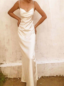 Sheath Spaghetti Straps Lace Up White Satin Prom Dresses 