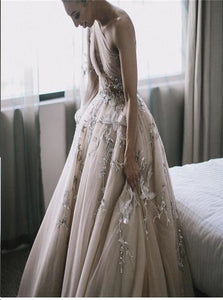 A Line Long Sleeve One Shoulder Tulle Prom Dresses