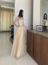 A Line V Neck Appliques Open Back Tulle Champagne Prom Dress LBQ3224