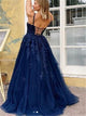 Sweep Train Lace Up Navy Blue Prom Dresses