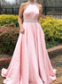 Pearl Pink A Line Rhinestone Halter Satin Prom Dress LBQ3174
