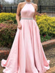 Pearl Pink A Line Rhinestone Halter Satin Prom Dresses