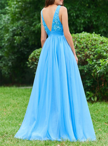 Open Back Sweep Train Blue Evening Dresses