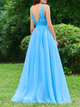 Open Back Sweep Train Blue Evening Dresses