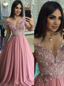 Chiffon A Line Off The Shoulder Appliques Prom Dresses with Beadings