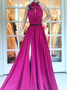 Halter A Line Floor Length Prom Dresses with Slit 