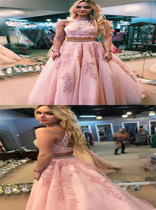 A Line Two Piece Pink High Neck Open Back Prom Dresses