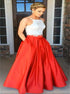 Two Pieces A Line Spaghetti Straps Lace Satin Prom Dresses LBQ2529