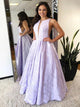 A Line Floor Length Lilac Appliques Scoop Satin Prom Dresses