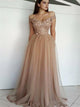 A Line Off the Shoulder Tulle Prom Dresses with Beads