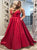 A Line V Neck Satin Red Prom Dresses with Sweep Train