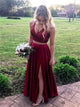 A Line Two Piece Burgundy V Neck Satin Prom Dresses with Slit LBQ2113