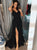 A Line Floor Length Black Sleeveless Prom Dresses with Split