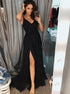 A Line Spaghetti Straps Black Prom Dress with Split LBQ0853