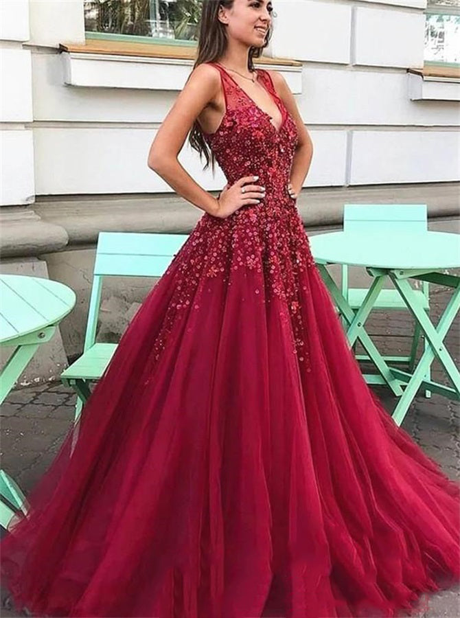 A Line Deep V Neck Tulle Prom Dresses With Sequins | Alinepromdress A Line Deep V Neck Tulle Prom Dresses With Sequins | Alinepromdress