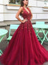 A Line Deep V Neck Sleeveless Tulle Long Prom Dresses With Sequins LBQ1831