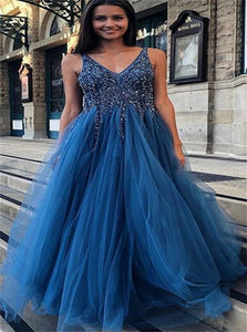 V Neck Long Tulle Prom Dresses With Beadings