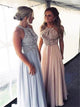 A Line Scoop Beadings Chiffon Blue Prom Dresses