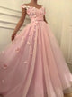 A Line Off the Shoulder Tulle Prom Dresses with Appliques