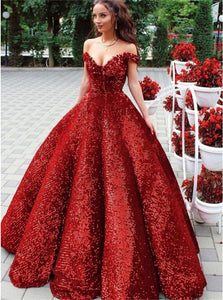 Ball Gown Off the Shoulder Sweep Train Red Sequined Prom Dress 