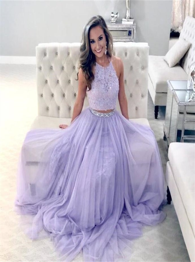 A Line Lavender Halter Two Piece Lace Tulle Prom Dress | Alinepromdress A Line Lavender Halter Two Piece Lace Tulle Prom Dress | Alinepromdress
