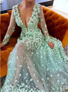 A Line Floral Lace V Neck Long Sleeves Tulle Prom Dresses