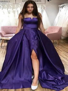 A Line Purple Strapless Satin Prom Dresses