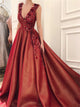 Red Appliques Satin Ball Gown Prom Dresses with Sweep Train