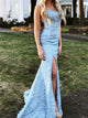 Blue Slit Mermaid Prom Dress with Appliques