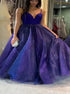 Purple Tulle A Line V Neck Spaghetti Straps Prom Dress LBQ2018