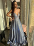 A Line Spaghetti Straps V Neck Navy Blue Satin Prom Dress with Appliques LBQ3155