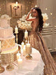A Line Sweep Train Golden Satin Prom Dresses 