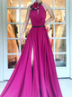 Halter A Line Satin Sleeveless Purple Prom Dresses with Slit 